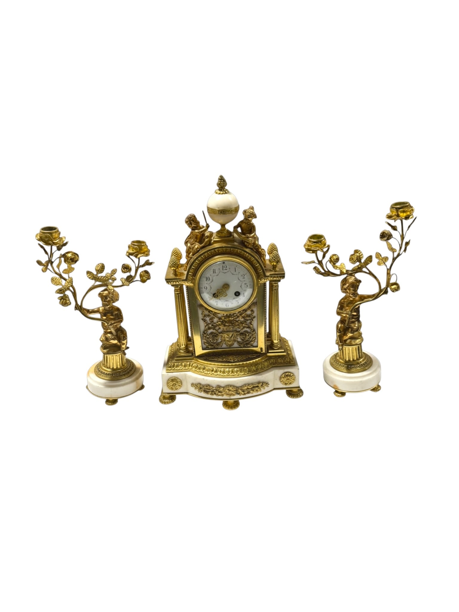 Louis XVI Style Bronze Mantle Garniture Clock Napoleon III Period French Antique: An exceptional Louis XVI style bronze mantel garniture clock from the Napoleon III period, showcasing refined French craftsmanship and elegant neoclassical design. This highly decorative antique clock