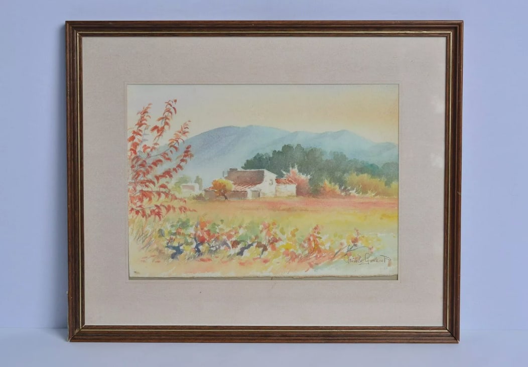 Original Art Watercolor Painting Village Of France by Michele Gondinet Signed: This exquisite piece of art is a single-piece work by Michele Gondinet, a renowned artist from France. The painting captures the essence of the French landscape and still life in a modernistic style. 