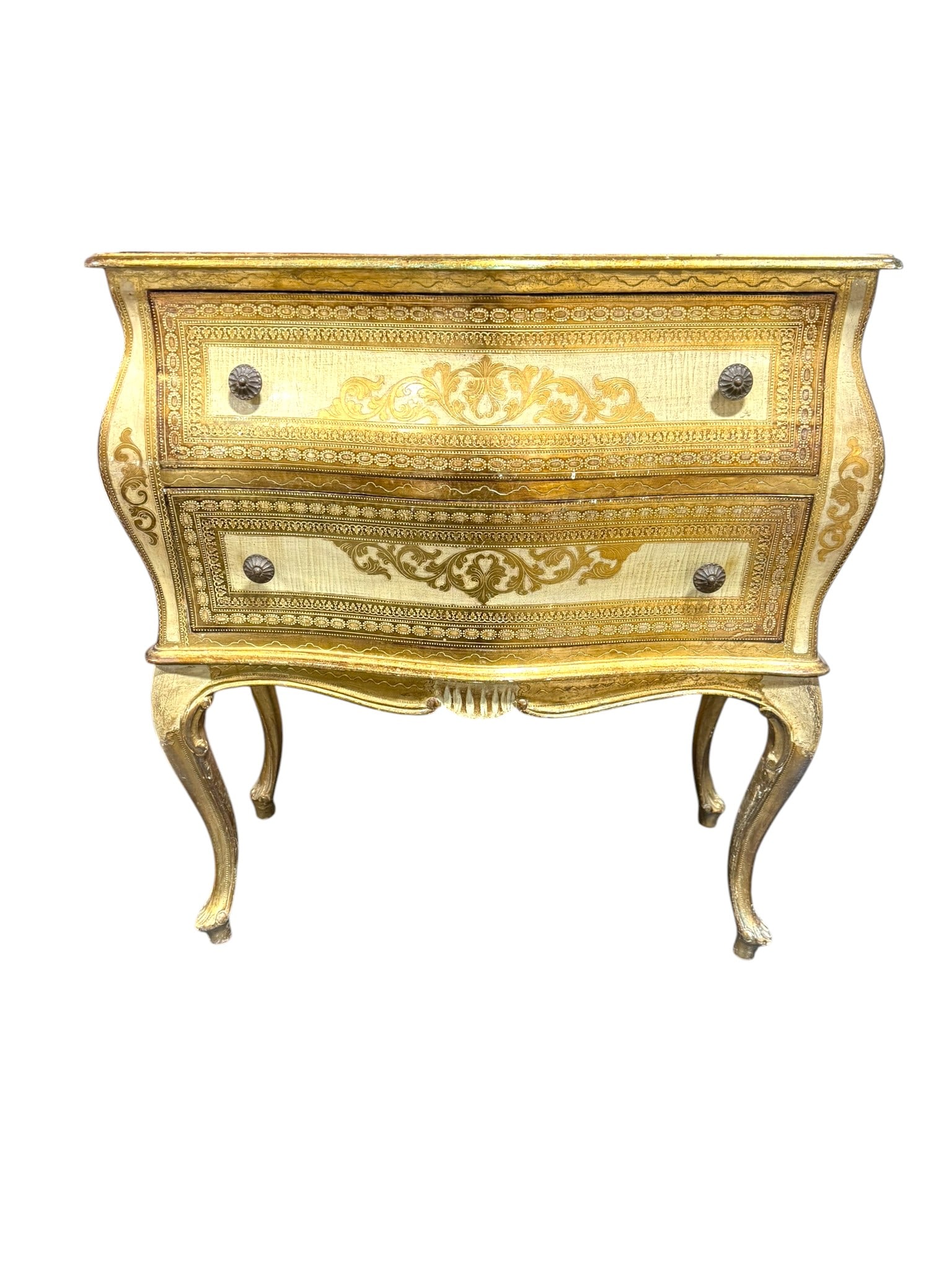 1960s Florentine Bombe 2-Drawer Cabinet Hollywood Regency Gold Vintage Commode: This charming Florentine bombe 2-drawer cabinet beautifully embodies the elegance and glamour of mid-century Hollywood Regency design, featuring a richly gilded finish, graceful bombe form, and delica