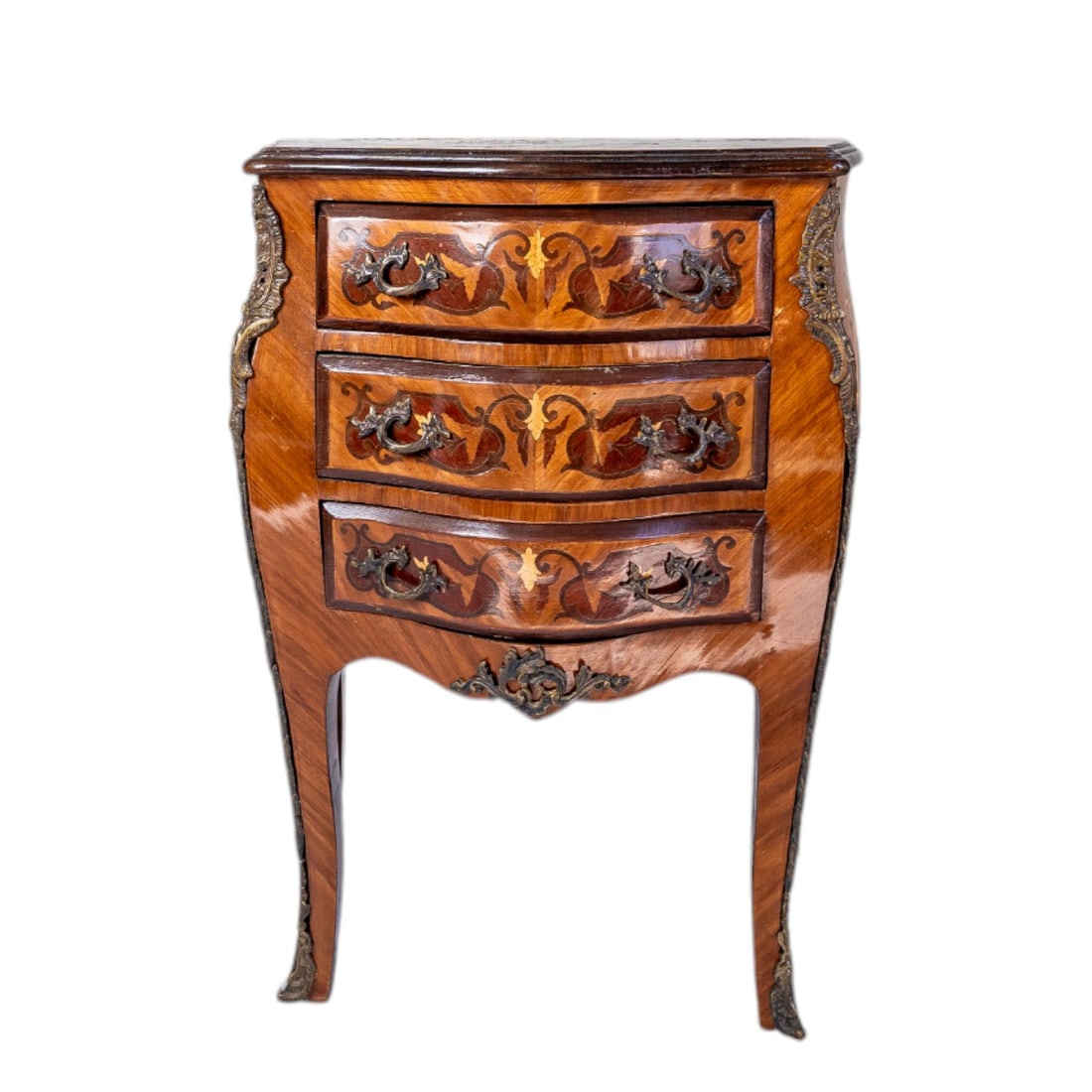 Original 19th Century Louis XVI French Rosewood Amaranth, and Marquetry Petite Bombe Bombay Commode: This exquisite Original 19th Century Louis XVI French Rosewood and Amaranth Petite Bombe Bombay Commode showcases masterful craftsmanship and refined elegance. Featuring intricate marquetry inlay, a g