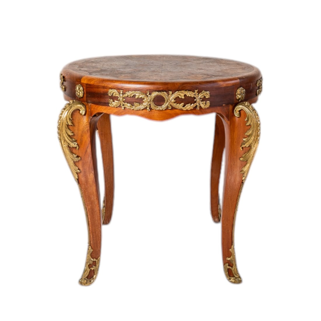 19th Century Louis XV Pedestal Round Walnut Table in Marquetry and Gilt Bronzes: This 19th Century Louis XV Pedestal Round Table is a masterpiece of elegance and craftsmanship. Featuring exquisite marquetry inlay and ornate gilt bronze accents, this table embodies the refined aest