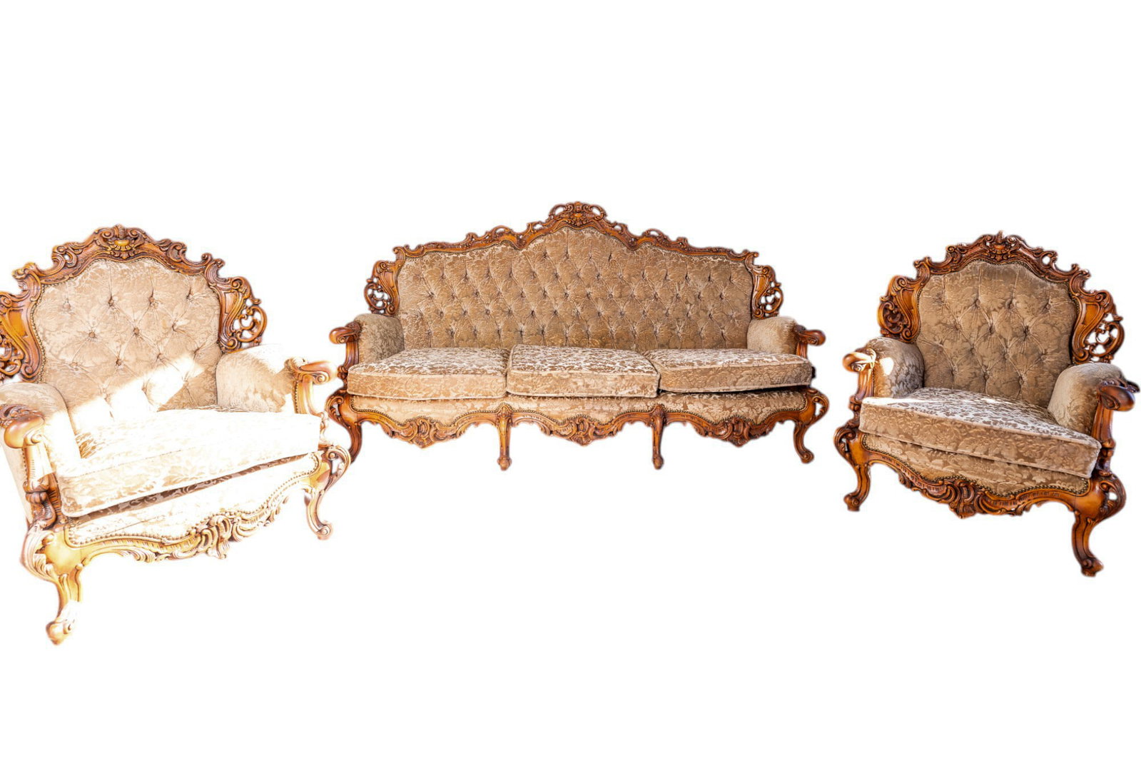 Early 20th Century Antique Handmade Carved Rosewood Italian Baroque Rococo Floral Upholstery 3-Piece: This Early 20th Century Antique Handmade Carved Rosewood Italian Baroque Rococo 3-Piece Sofa Set is a masterpiece of craftsmanship and opulent design. Featuring intricately hand-carved rosewood frames