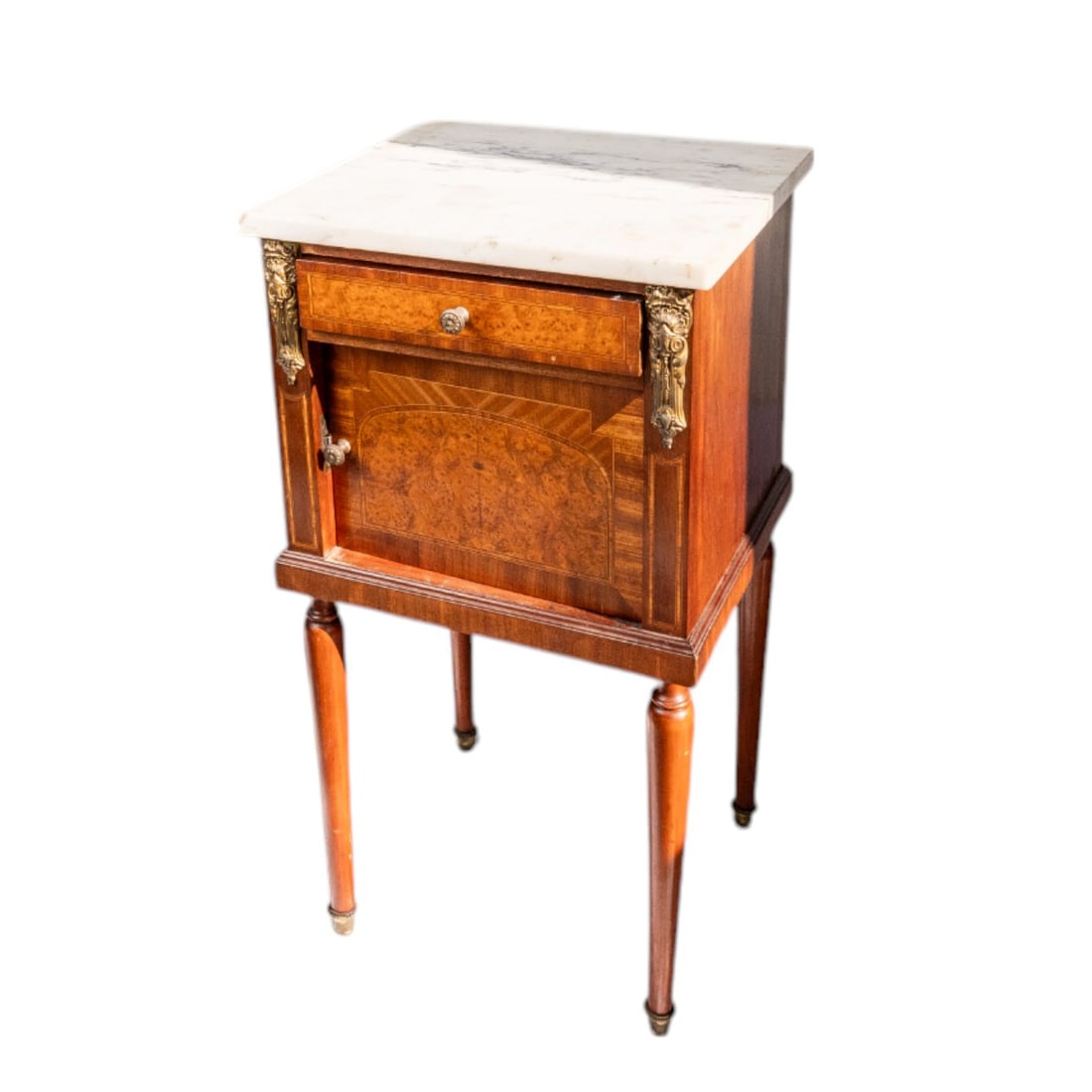 Original 19th Century French Empire Louis XVI Mahogany Marquetry Bedside Cabinet Nightstand or End: This original 19th Century French Empire Louis XVI Mahogany Marquetry Bedside Cabinet Nightstand or End Table is a beautifully crafted piece showcasing timeless elegance. Made from rich mahogany, it f