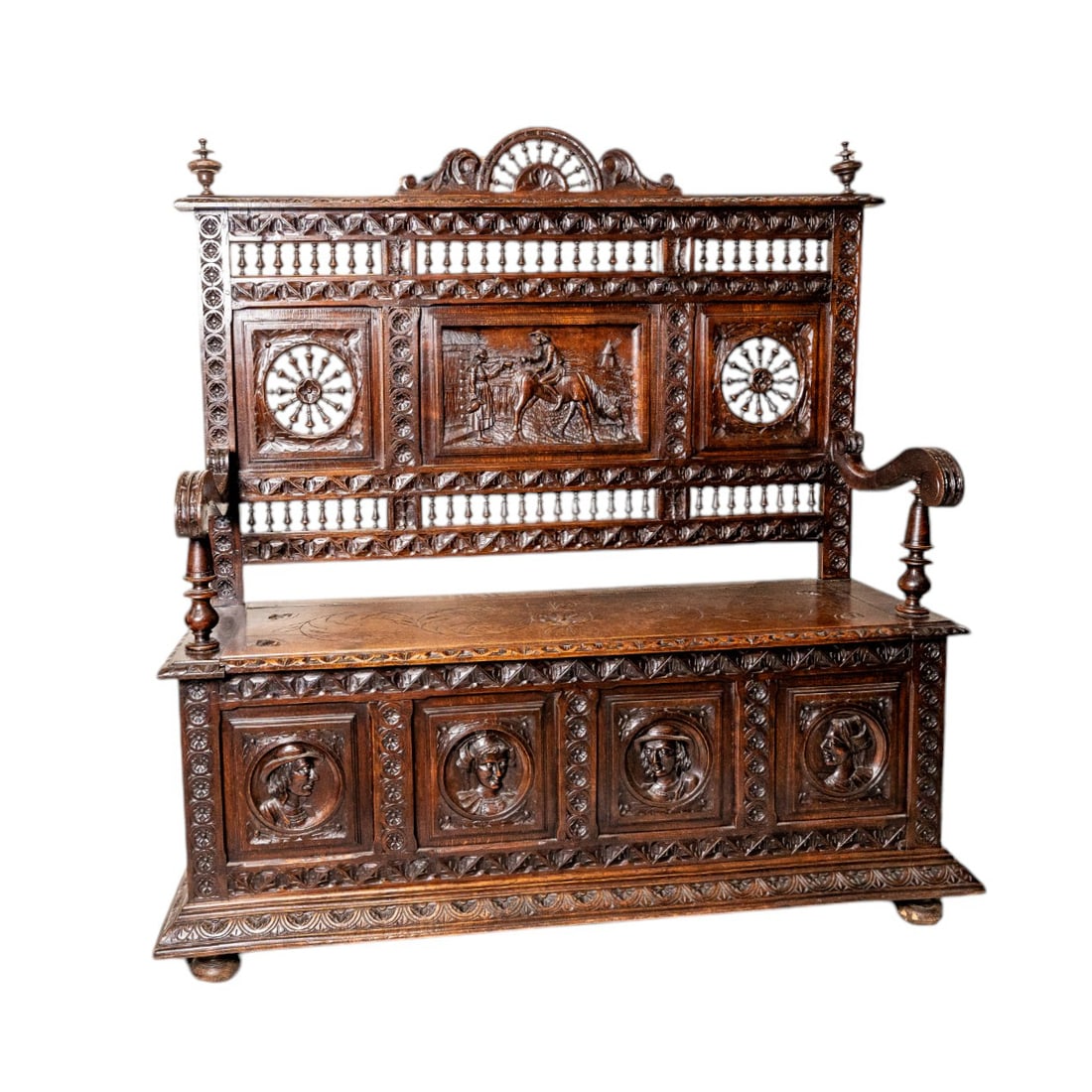 19th Century Antique French Brittany Breton Hand Carved Oak Banquette Bench Settee Seat Entry Hall: This 19th Century Antique French Brittany Breton Hand-Carved Oak Banquette Bench is a beautifully crafted piece showcasing exquisite traditional Breton craftsmanship. Featuring intricate hand-carved d
