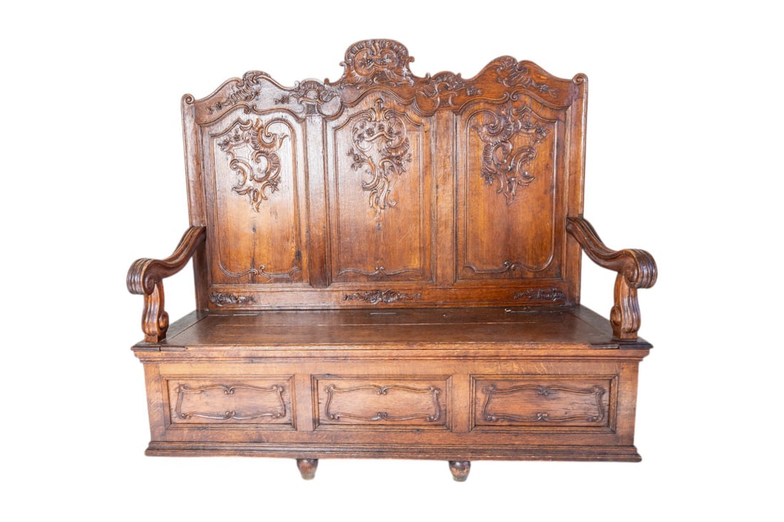 18th Century French Louis XV Bench Settle Pew Carved Tiger Oak Chest Foyer Entry Entryway (1 of 15)