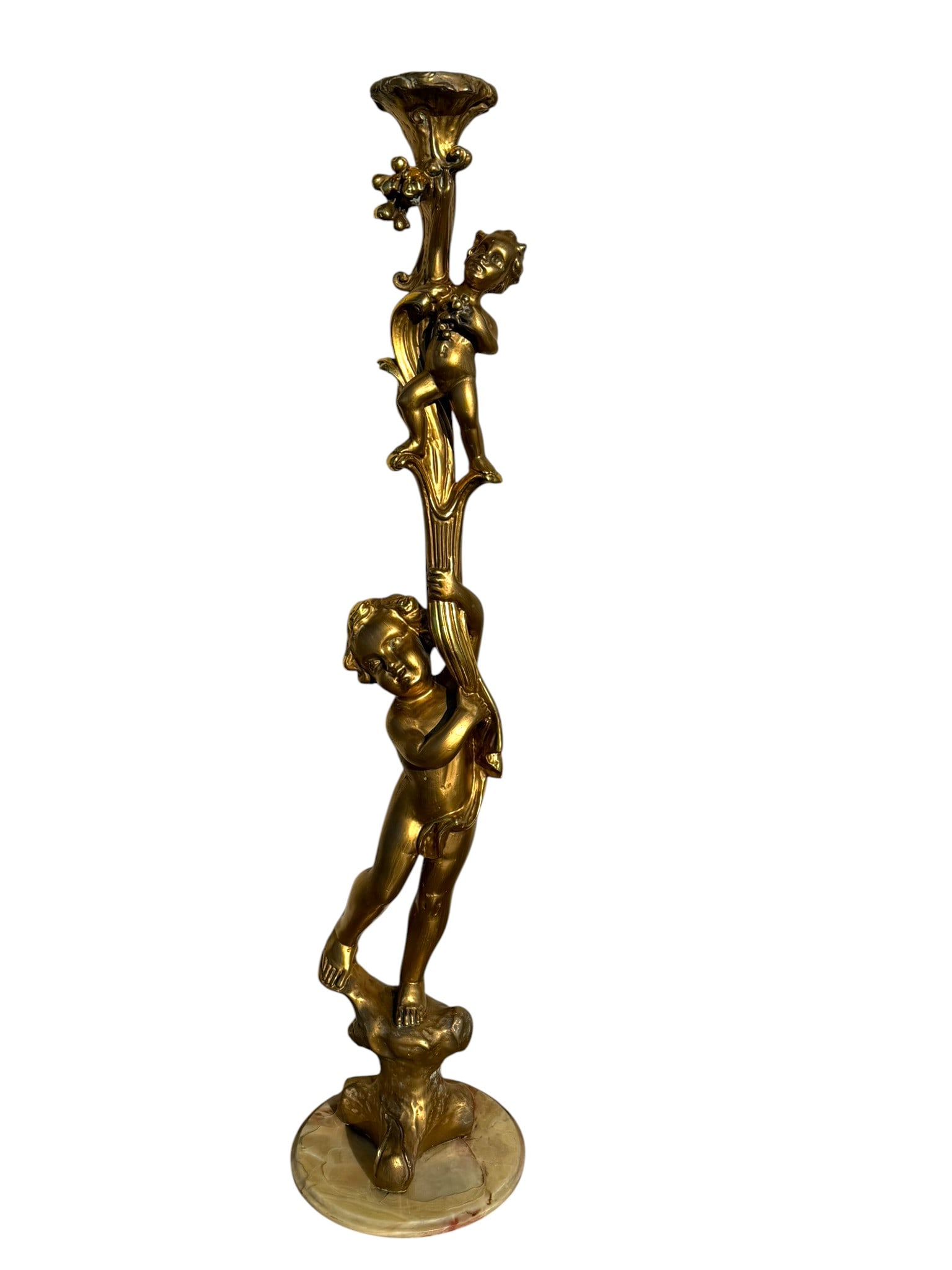 Antique Italian Giltwood Baroque Cherub Pedestal, c.1930: This antique Italian giltwood Baroque cherub pedestal, circa 1930, features finely carved detailing and a rich gilt finish that adds dramatic presence to any interior. Ideal as a decorative base for s