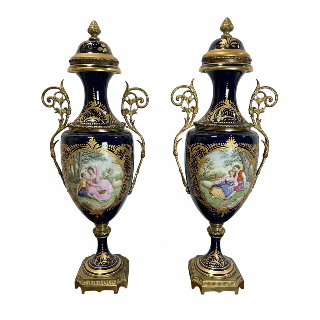 Pair of 19th Century Antique Chateau des Tulieres Louis Philippe Cobalt Blue Porcelain Urns with: An exceptional pair of 19th-century Ch?teau des Tuileries Louis Philippe porcelain urns, beautifully crafted in rich cobalt blue porcelain with ornate gilt bronze mounts and hand-painted romantic past
