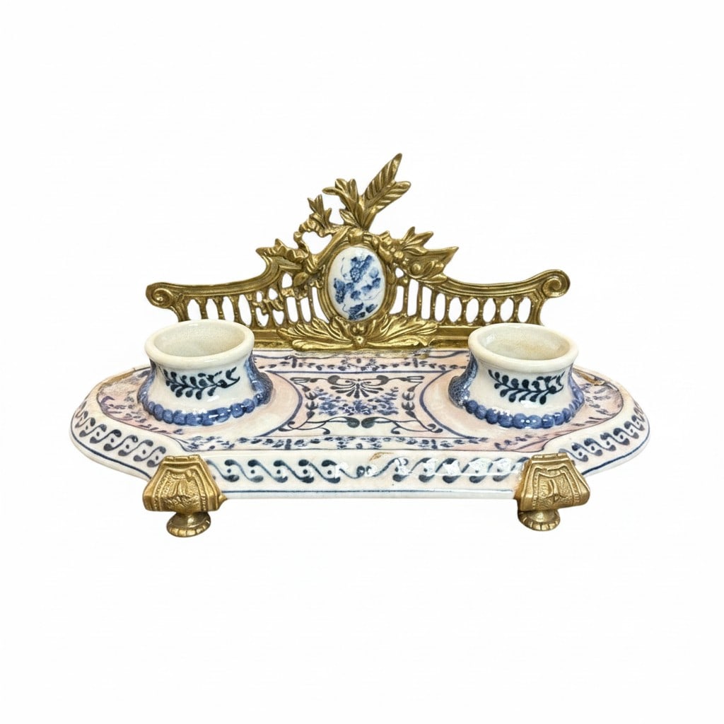 Rare Antique Wong Lee French Faience Double Inkwell with Gilt Bronze Mounts (1 of 12)