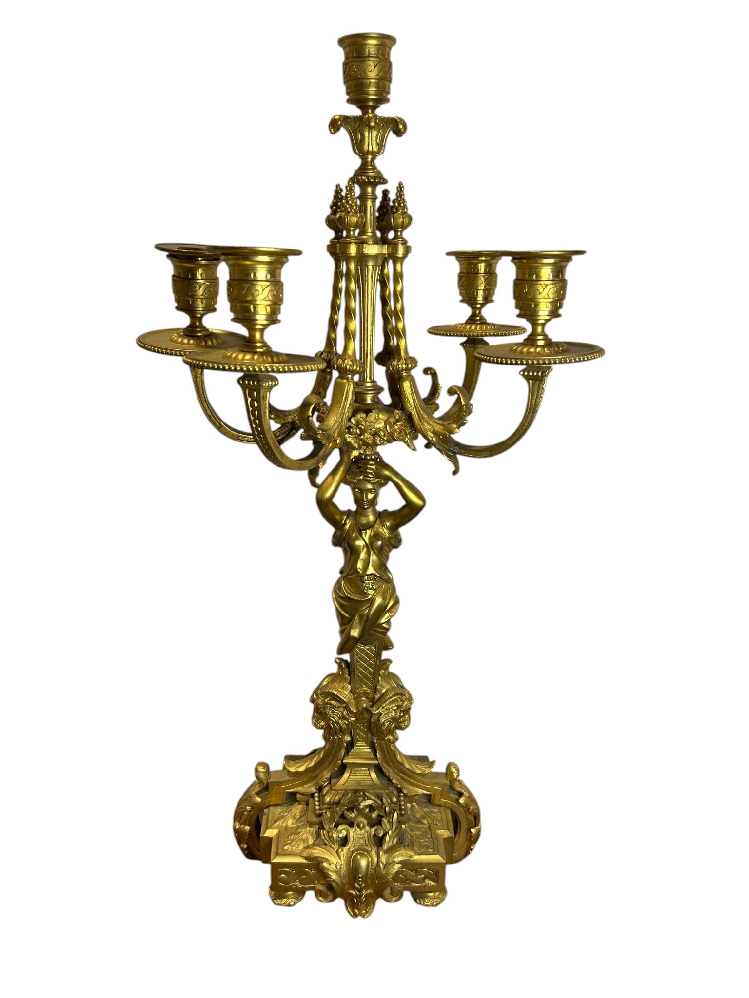 19th Century Original French Empire Napoleon III Gilt Bronze 5-Arm Candelabra Female Figure: An exceptional 19th-century French Empire Napoleon III gilt bronze 5-arm candelabra featuring an elegant neoclassical design with richly detailed ormolu craftsmanship throughout. This striking antique