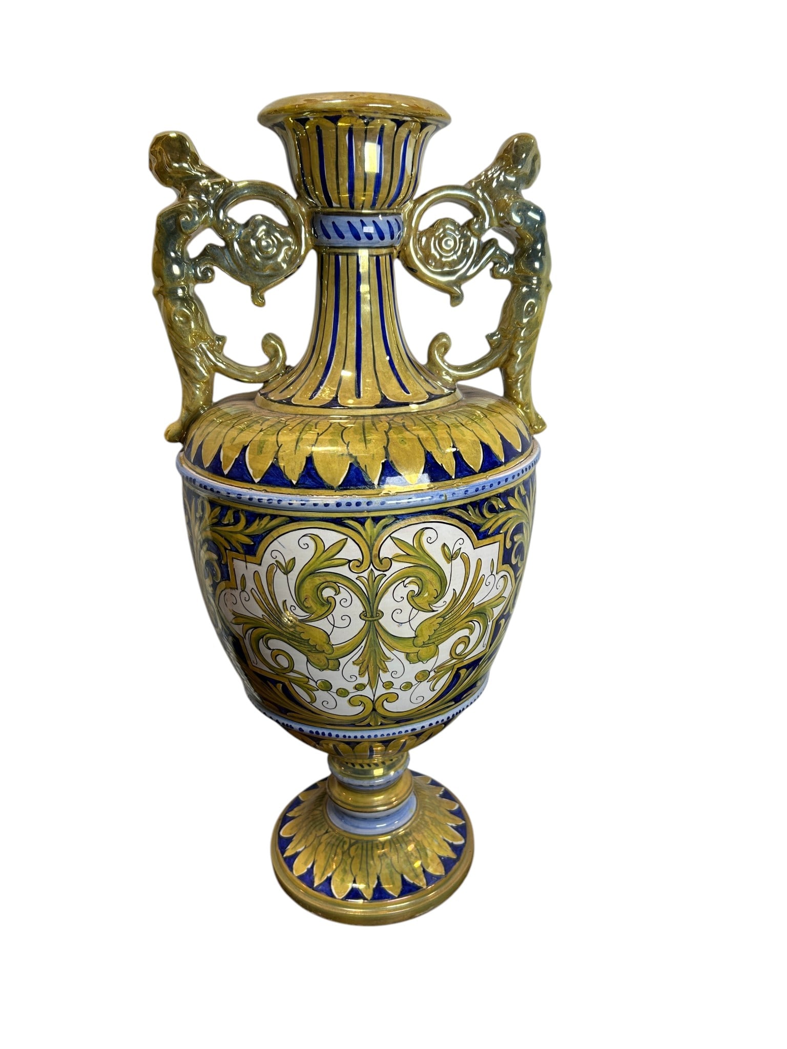 Antique 1930s Italian Robbia Gualdo Tadino Lustreware Ewer with Figural Handles: A stunning antique Robbia Gualdo Tadino lustreware ewer featuring richly hand-painted blue, gold, and ivory decoration with elegant scrolling foliate motifs throughout. This exceptional Italian cerami