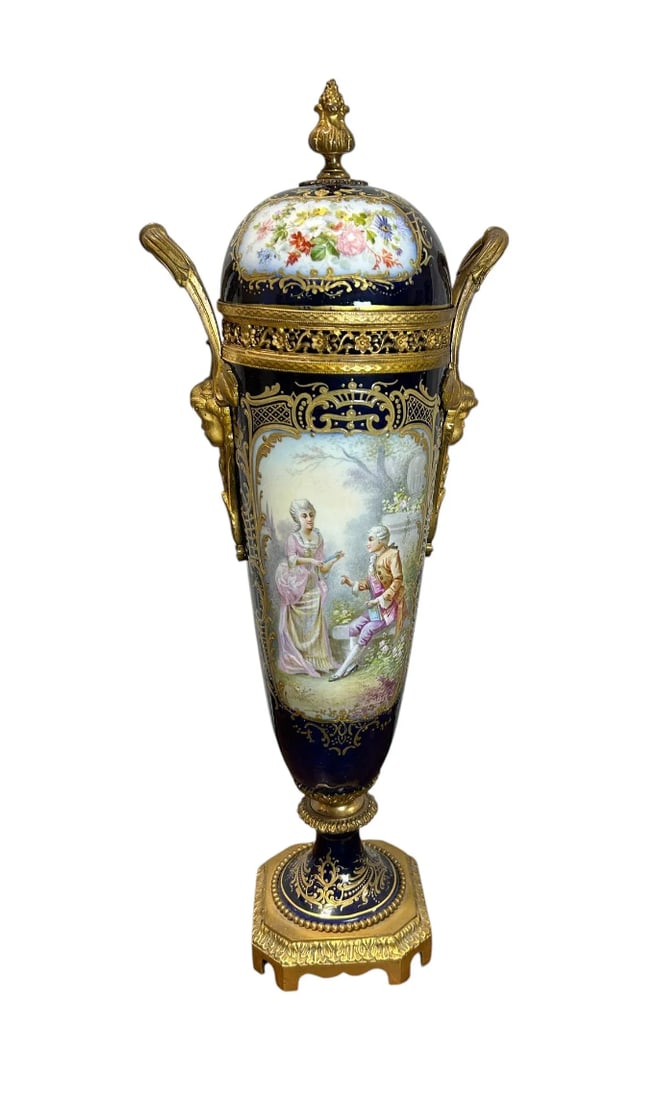 19th Century Napoleon III Sevres Cobalt Blue Porcelain Covered Urn with Gilt Bronze Mounts (1846 ): **Title:**Antique French Napoleon III Sevres Style Cobalt Blue Porcelain Covered Urn with Gilt Bronze Mounts**Description:**A magnificent antique French Napoleon III Sevres style porcelain covered urn