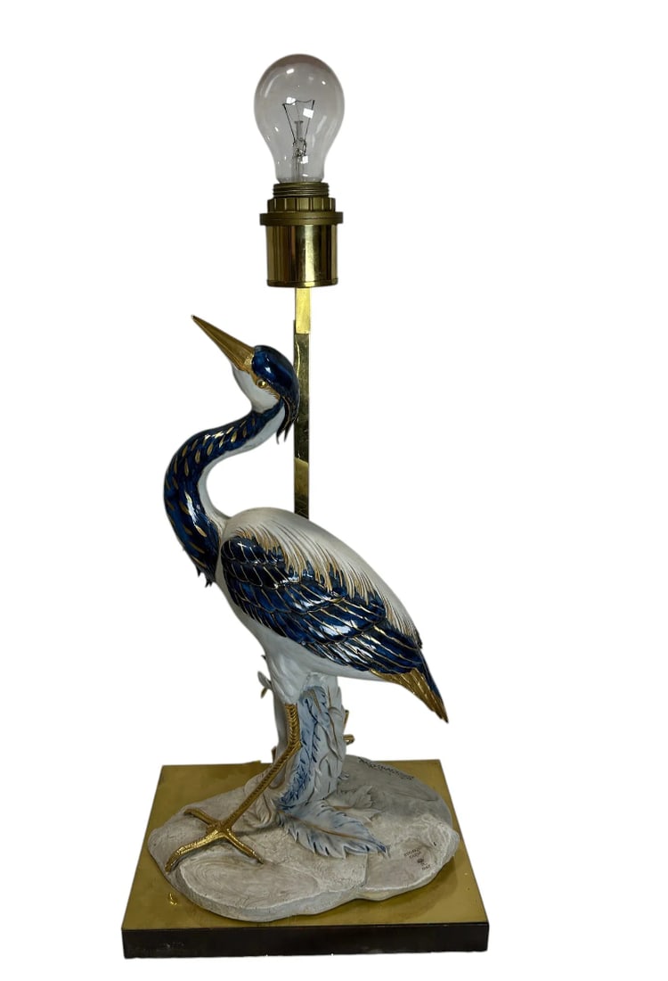 Vintage Italian Porcelain Heron Table Lamp Bronze Brass Base by Edoardo Tasca, Mid-Century Modern (1 of 18)