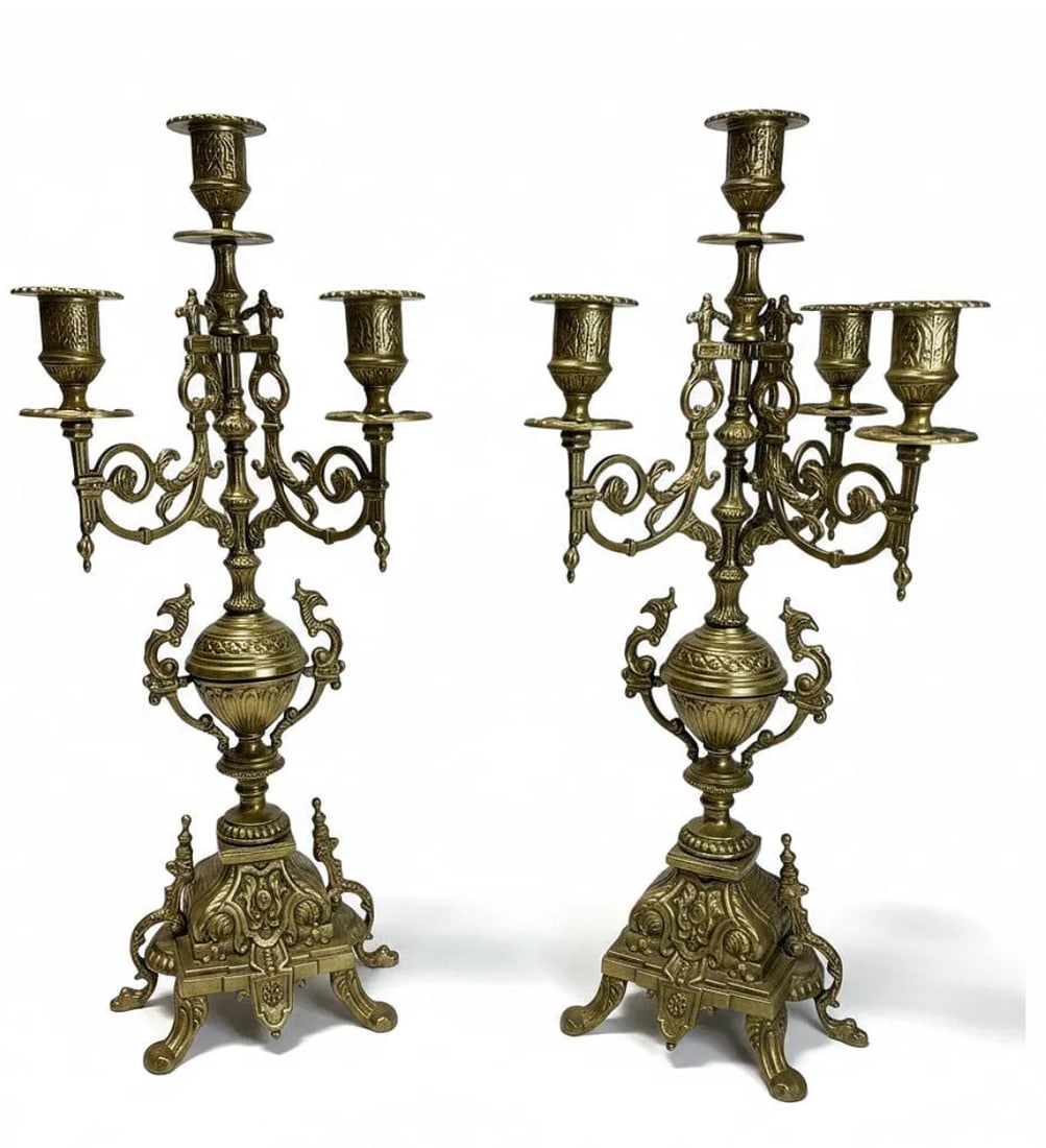 Pair of Antique Rococo Revival Baroque-Style Brass & Marble 5-Arm Candelabras: An elegant pair of antique Rococo Revival Baroque-Style Brass & Marble 5-Arm Candelabras featuring richly detailed scrolling arms, ornate decorative motifs, and finely cast architectural bases. These 