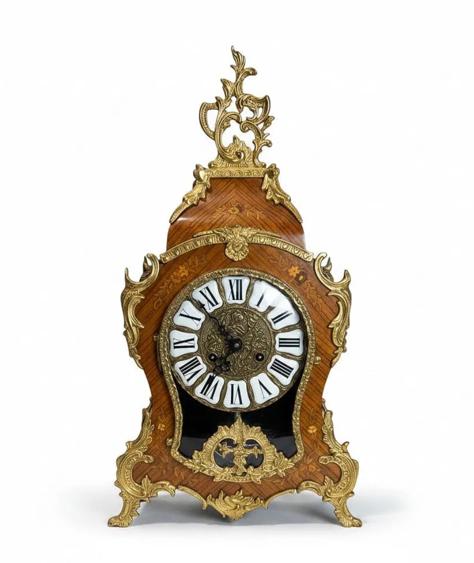 Antique French Regency Louis XV Style Marquetry Mantel Clock Franz Hermle Movement & Gilt Bronze: Antique French Regency Louis XV Style Marquetry Mantel Clock with Franz Hermle German Movement & Gilt Bronze Mounts and Walnut Wood. This stunning decorative mantel clock features an elegant shaped wa