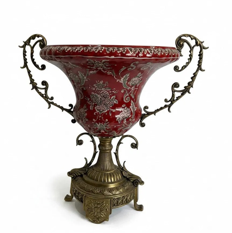 Antique French Art Nouveau Red Opaline Glass Centerpiece Urn with Bronze Mounts: An exceptional antique French Art Nouveau centerpiece urn featuring richly colored red opaline glass accented with ornate gilt bronze mounts and elegant scrolling handles. This striking decorative cen