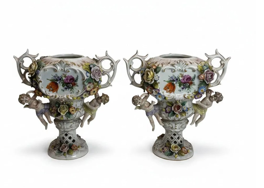 Pair of Antique Capodimonte Porcelain Cherub Urns with Applied Floral Decoration (1 of 14)