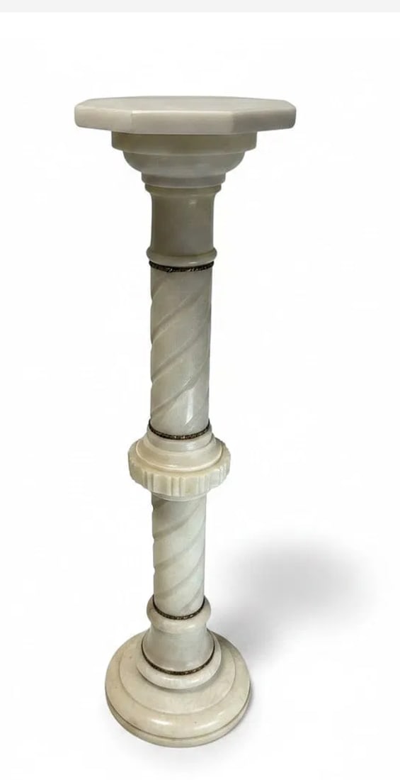 Large Antique Victorian Alabaster Barley Twist Pedestal Column Stand: An elegant large antique Victorian alabaster pedestal column stand featuring a beautifully carved barley twist shaft with refined neoclassical styling and architectural form. This sophisticated decora