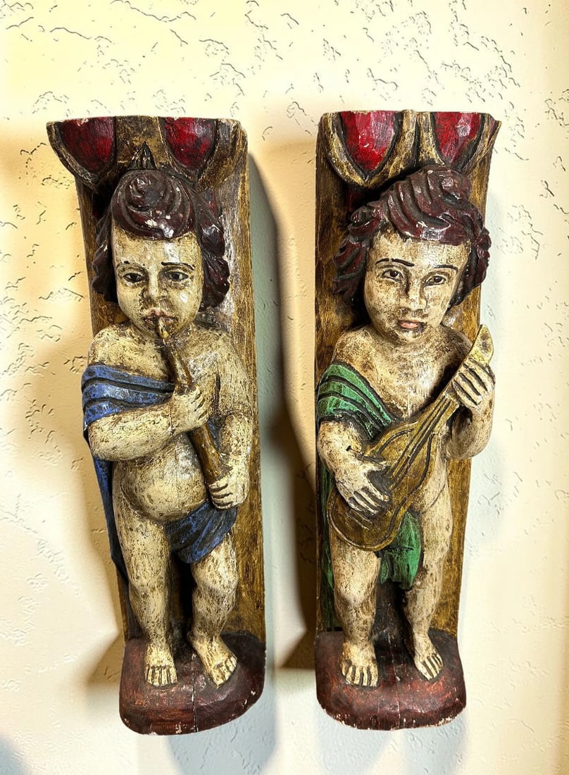Pair of Late 19th Century Antique Wooden Polychrome Musical Cherub Caryatid Wall Sculptures (1 of 14)