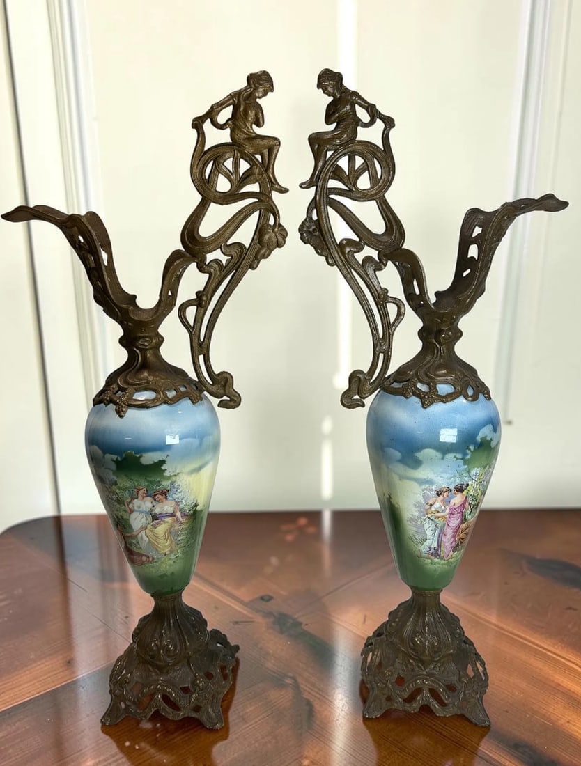 Pair of Antique Art Nouveau Figural Bronze & Hand-Painted Porcelain Ewers (1 of 13)