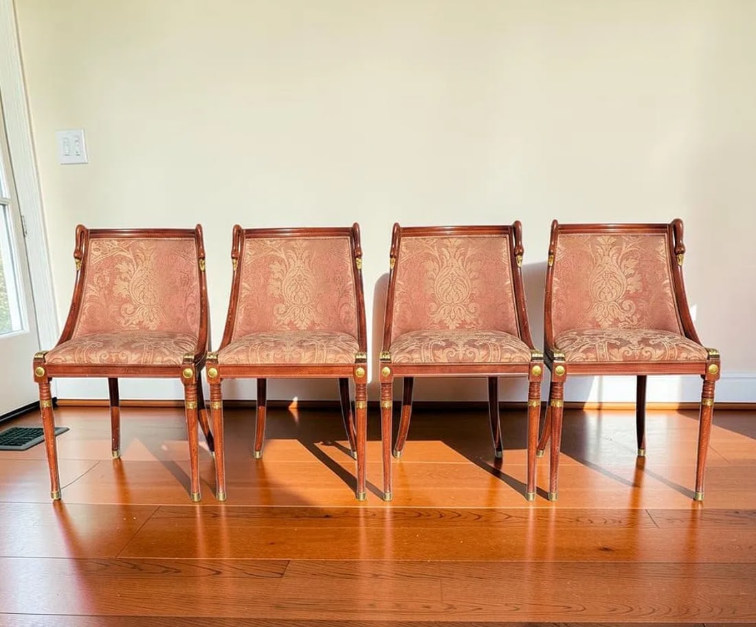 Set of 4 Antique French Empire Style Mahogany Swan Neck Dining Chairs 1890c: This elegant set of four antique French Empire style Swan Neck dining chairs, circa 1890, features richly polished mahogany frames with beautifully upholstered seats and backs in a classical damask fa