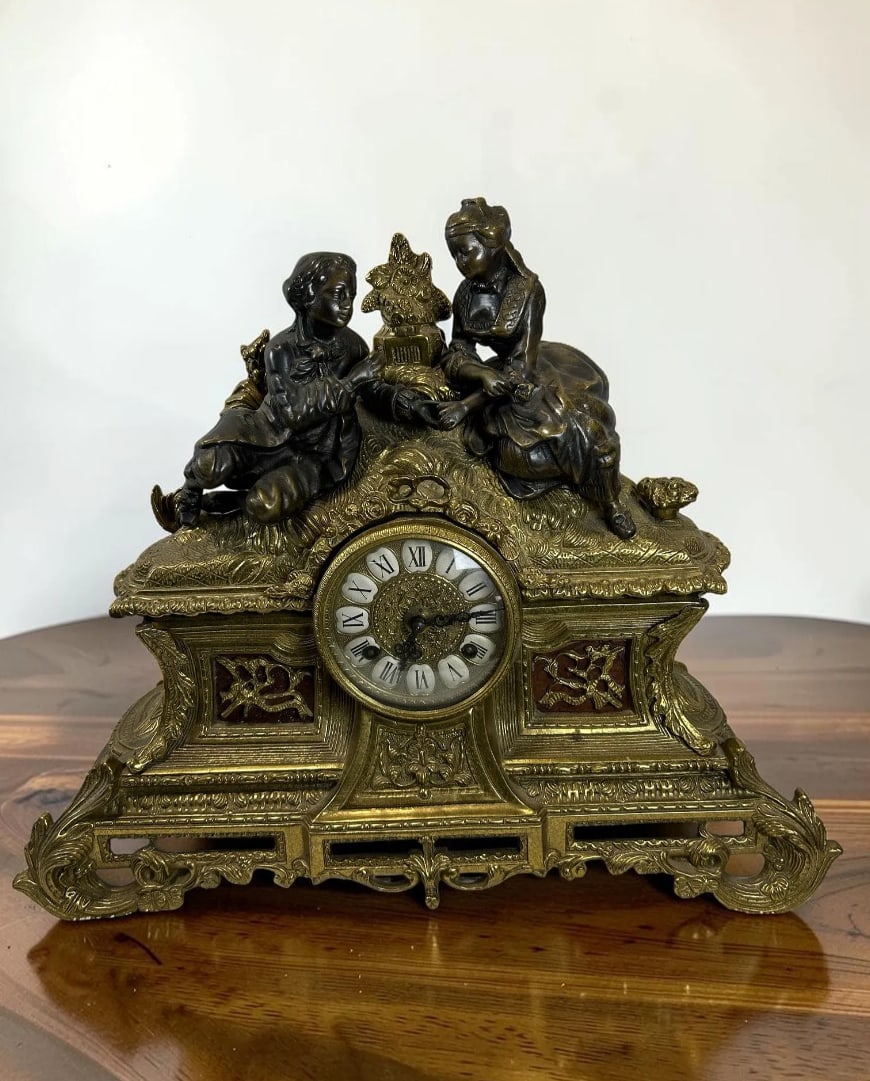 Antique French Louis XV Style Franz Hermle & Sohn Gilt Metal Mantel Clock Bronze Figures HAS KEY (1 of 16)