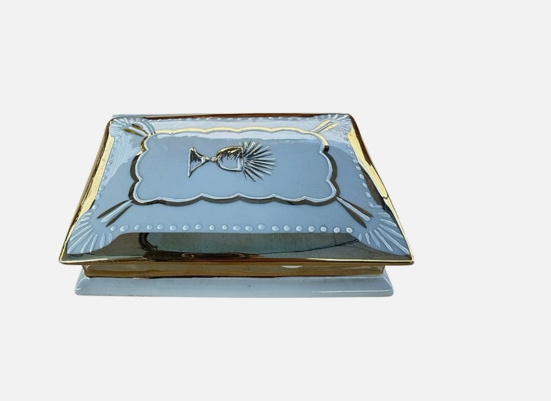 Vintage Limoges France Porcelain First Communion Chalice Trinket Box Gold: Elegant vintage French Limoges porcelain trinket or keepsake box decorated in pale blue, white, silver, and gold. The hinged rectangular lid displays a stylized Communion chalice with radiating host, 