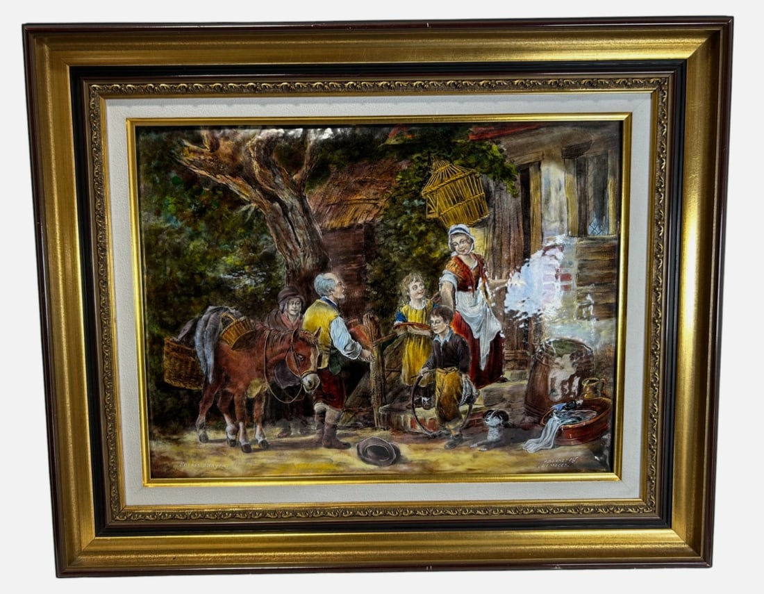 Pierre Bonnet Limoges Enamel on Copper Silver Foil Plaque Village Scene C. 1955: Beautiful vintage Pierre Bonnet Limoges enamel plaque with fine silver foil/silver leaf layer, depicting a charming rustic village scene with figures gathered outside a country home. The composition s