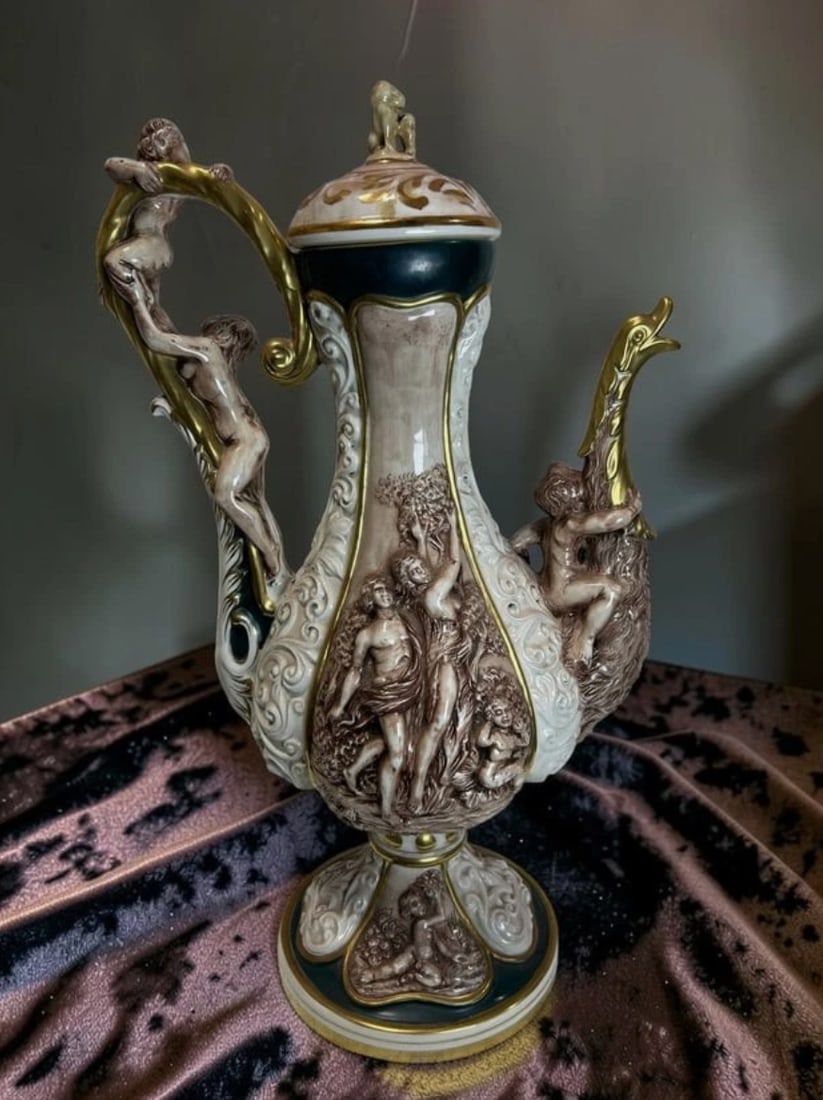 XL Capodimonte Porcelain Pitcher Vase Swan Handle Putti Relief Italy Marked (1 of 14)