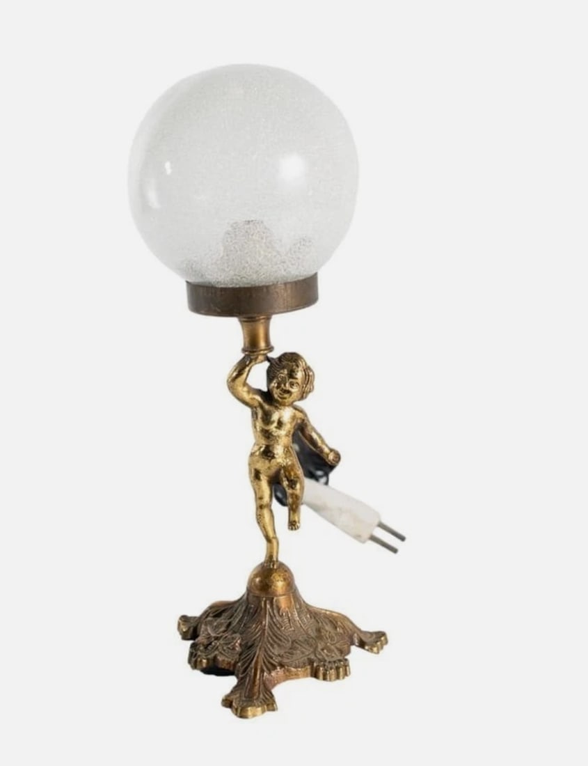 Antique French Cherub Table Lamp Brass Spelter White Globe Light Working: his charming Antique French Cherub Table Lamp beautifully combines classical European decorative artistry with functional lighting design. Featuring a finely modeled cherub figure cast in brass-toned 