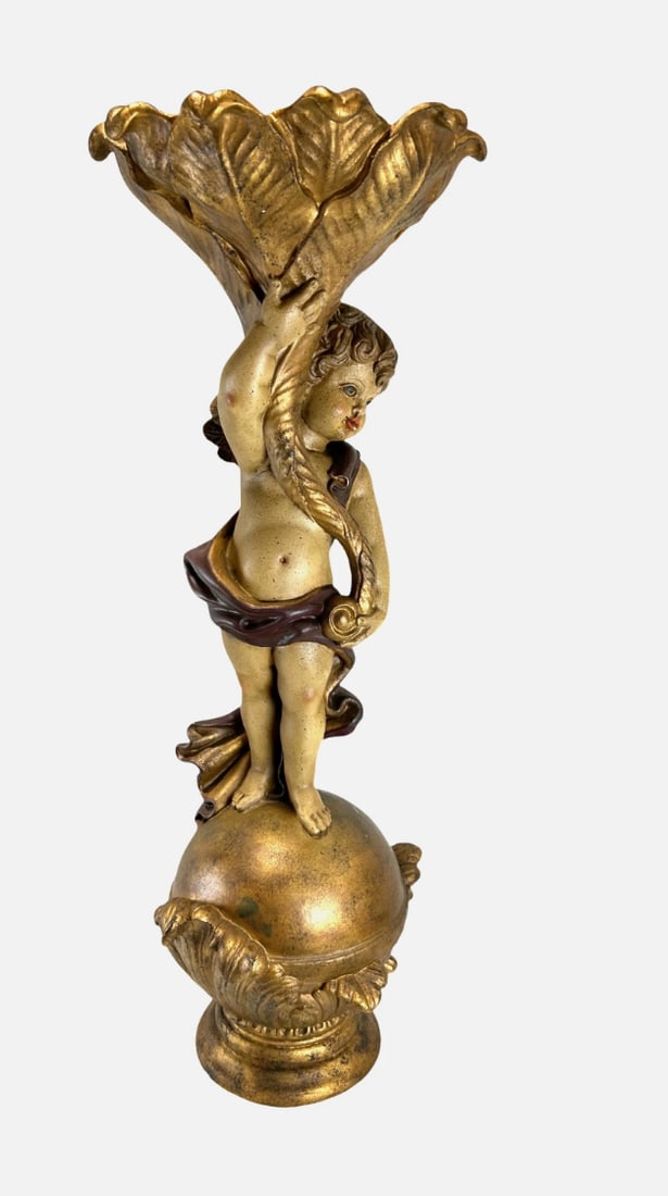 Vintage Hand Carved Wood Cherub Putti Pedestal Stand Baroque Rococo Bird Bath (1 of 17)