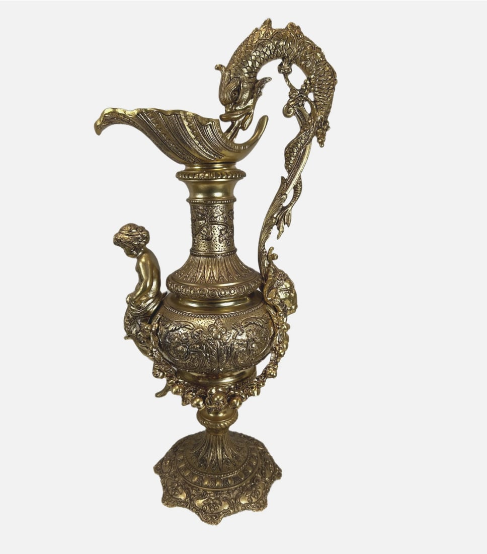 Antique Style Brass Renaissance Revival Ewer Koi Fish Cherub Ram Head 22" (1 of 15)
