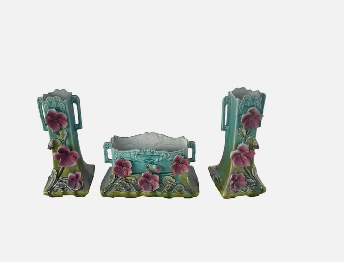 Vintage Belgian Art Nouveau Barbotine Majolica Floral Vase Garniture Set Signed: Beautiful vintage Belgian Art Nouveau majolica garniture set consisting of two matching tall vases and one coordinating centerpiece jardinière.Each piece features a turquoise-green glazed body decora
