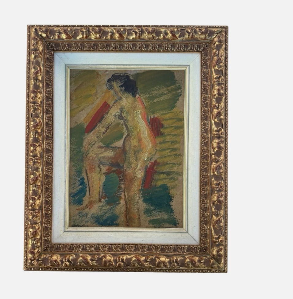 Alfons Vermeir Belgian Expressionist Female Woman Oil Painting Signed Framed - Mid Century: Original Belgian Expressionist oil painting by Alfons Vermeir (1905–1994) depicting a seated female nude rendered with expressive, vigorous brushwork and a rich palette of ochre, green, blue and red