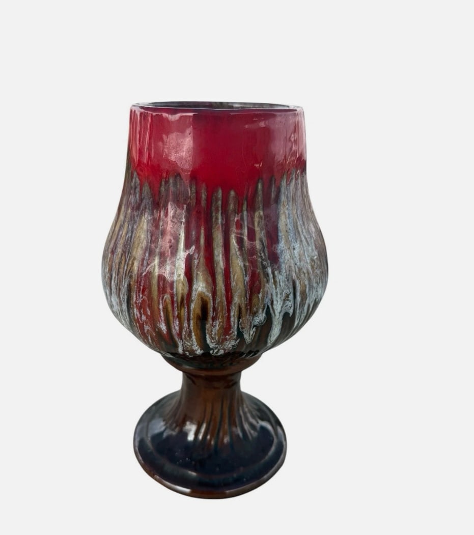 Vintage French Vallauris Style Red Lava Drip Glaze Pedestal Vase 9”: Striking vintage French ceramic pedestal vase featuring a dramatic red lava-style drip glaze. The vessel has a rounded, ribbed body raised on a slender stem and circular foot, creating an elegant chal