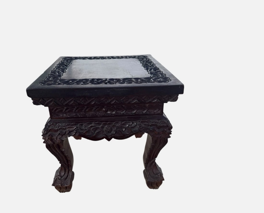 Vintage Hand Carved Asian Hardwood Low Side Table Plant Stand Stool (1 of 9)