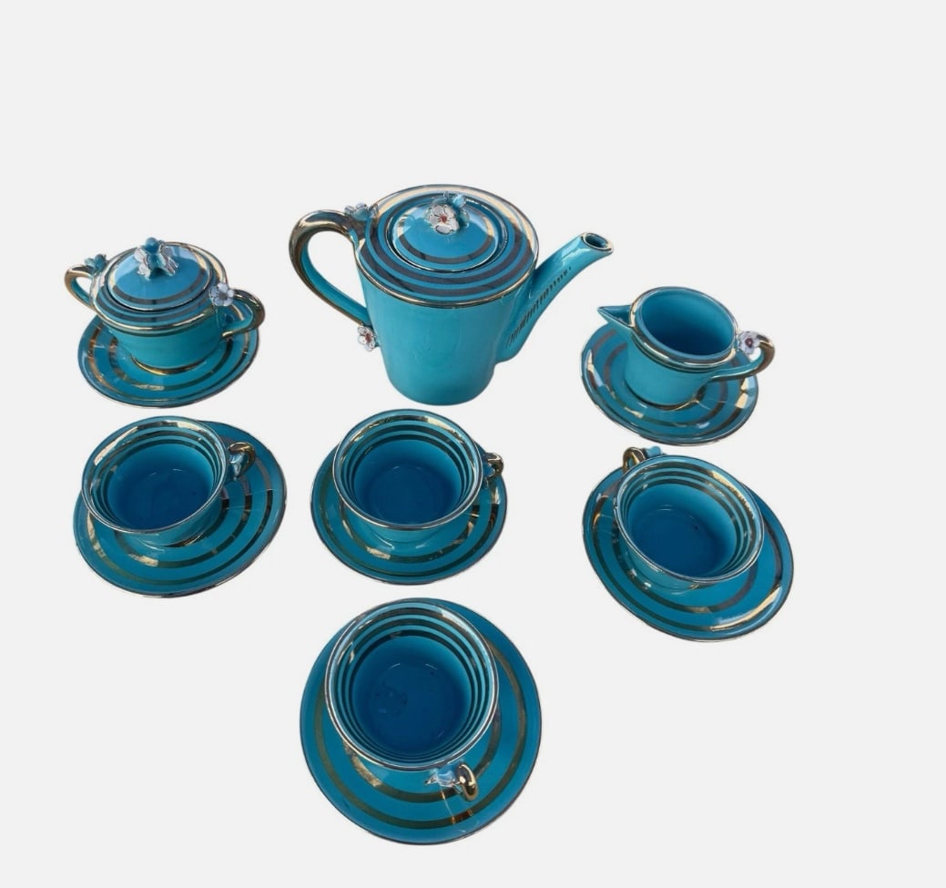 Italian TCAP Porcelain Tea Set Teapot Turquoise Flowers Silver Overlaid Vintage (1 of 7)