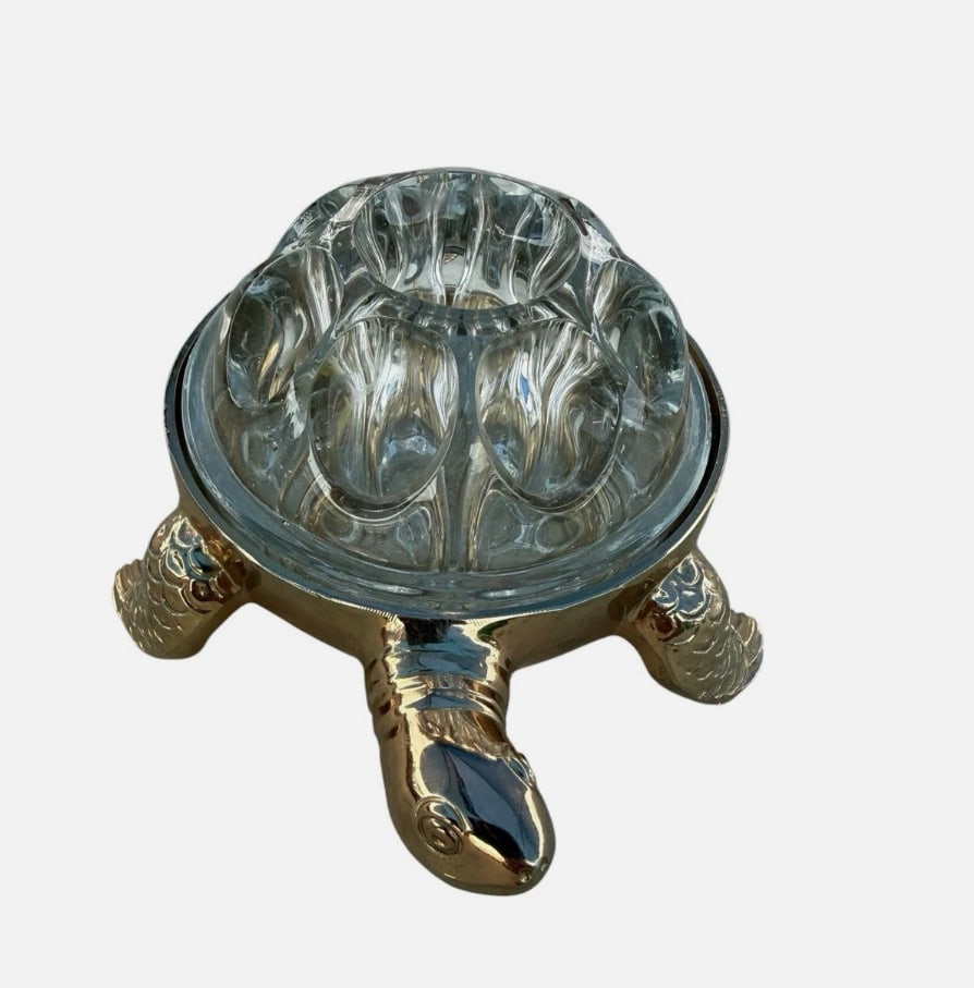 Vintage KI Silver Tone Turtle With French Glass Flower Frog Vase Insert Decor: Charming vintage French turtle-form vase featuring a polished brass body and removable clear pressed-glass flower-frog insert. The turtle is realistically modeled with an extended head, textured legs 