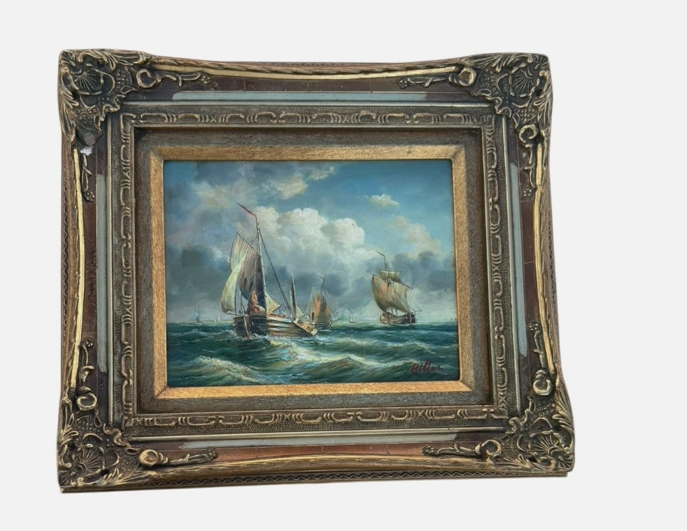 Vintage A. Fulton Signed British Maritime Oil Painting Sailing Ships Seascape: Atmospheric vintage British maritime oil painting signed by A. Fulton, depicting traditional sailing vessels navigating choppy coastal waters beneath a dramatic cloud-filled sky. The central fishing b