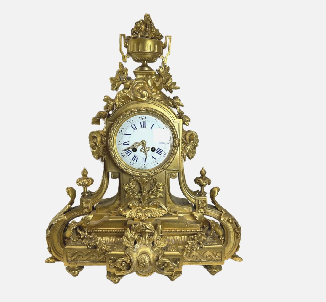 Late 19th Century French Louis XVI H&F Paris Gilt Bronze Ormolu Mantel Clock 20": Antique French Louis XVI Style Gilt Bronze Mantel ClockAn impressive Late 19th Century French Louis XVI H&F Paris Gilt Bronze Ormolu Mantel Clock 20" crafted in richly detailed gilt bronze, also known