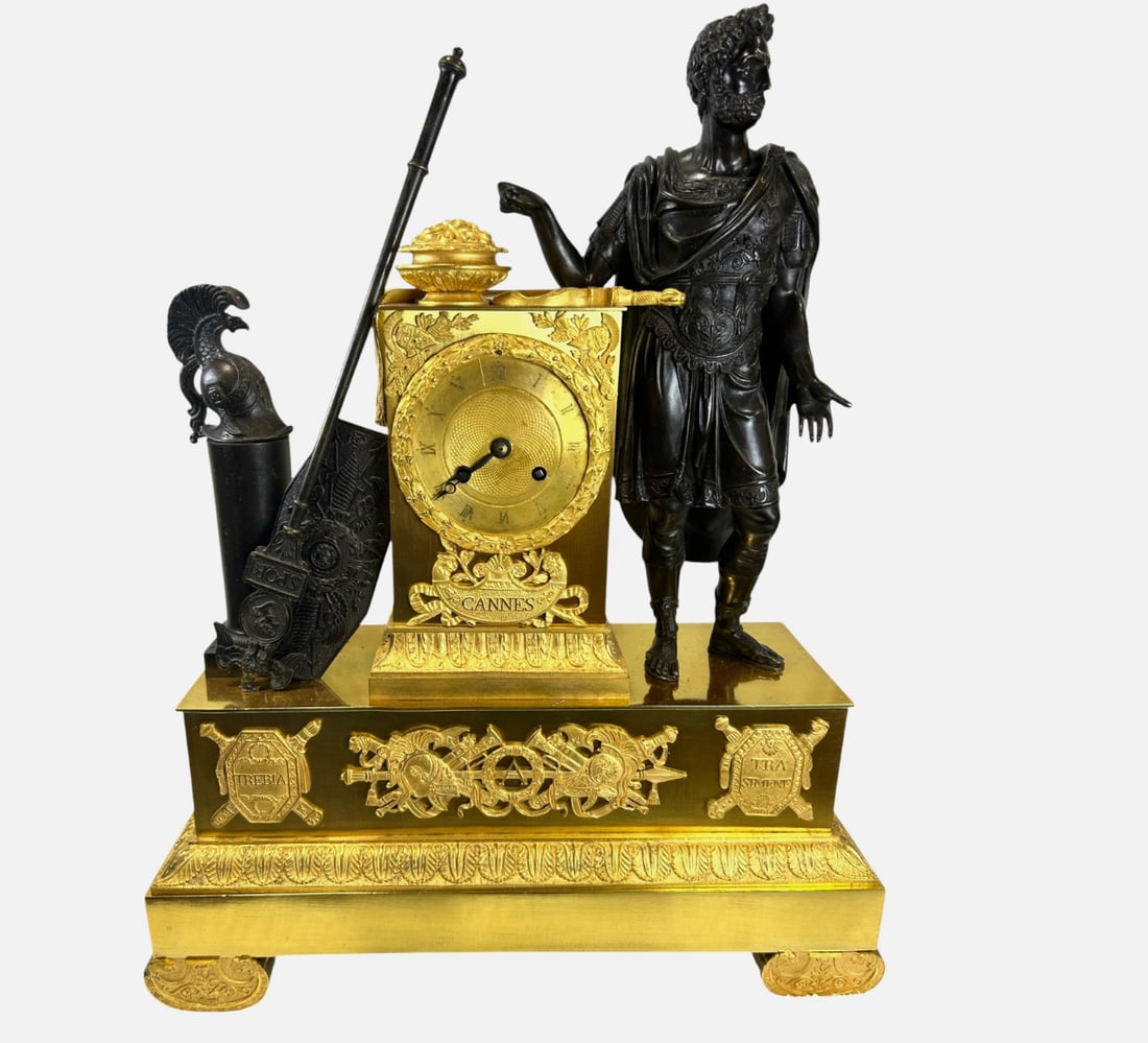 Original Authentic French Empire Hannibal Pierre Honore Pons Cesars Ormolu Bronze Mantel Clock 1815: Antique French Empire Pons Hannibal Ormolu Bronze Mantel Clock White House ModelDescriptionAntique French Empire Hannibal Barca Ormolu and Patinated Bronze Mantel ClockAn exceptional early 19th-centur