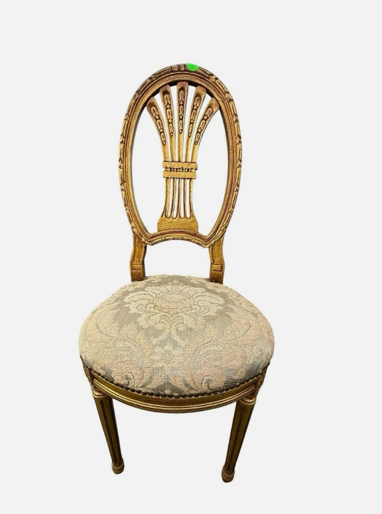 French Louis XVI Style Giltwood Oval Back Side Chair Damask Montgolfier Chair: Elegant vintage French Louis XVI-style side chair featuring a carved and gilded wooden frame with refined Neoclassical detailing. The open balloon-shaped back is centered by a distinctive carved wheat