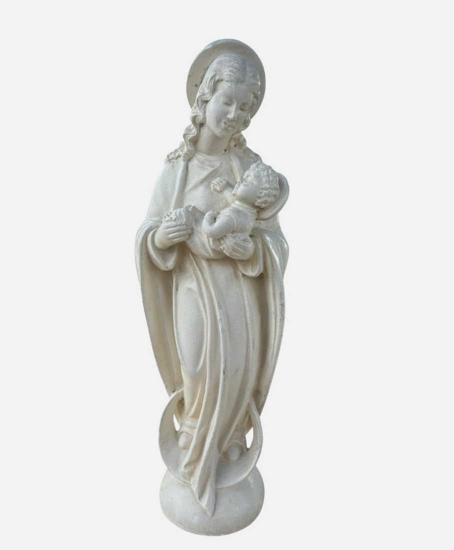 Vintage French Madonna Child Figurine Virgin Mary Statue Plaster Guelfi Mauricci: Beautiful antique French devotional statue depicting the Virgin Mary tenderly holding the infant Jesus. Both figures are represented with halos, while Mary stands upon a crescent moon and globe—trad