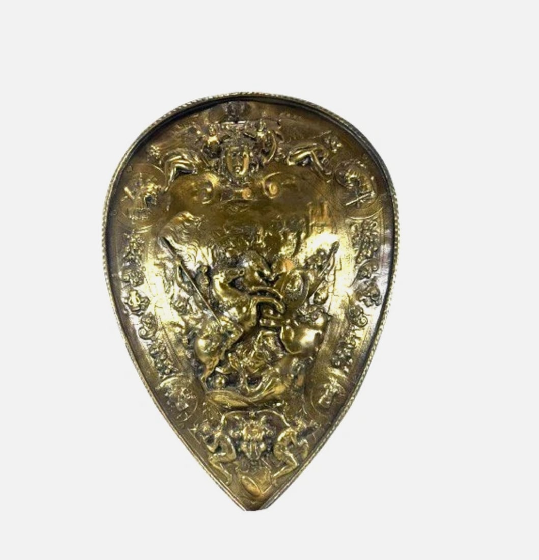 Antique Victorian Repoussé Copper Heraldic Battle of Cannae Shield Wall Plaque 2: Antique Victorian Repoussé Copper Heraldic Shield Wall PlaqueOffered is an impressive 19th-century Victorian repoussé copper heraldic wall plaque, depicting the legendary Battle of Cannae (216 BC)��