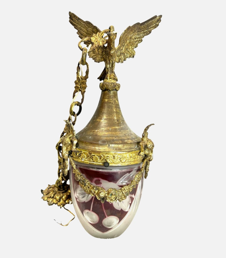 Antique French Napoleon III Bronze Eagle Cranberry Etched Glass Hanging Lantern: Antique French Napoleon III Bronze Eagle Cranberry Etched Glass Hanging LanternBring authentic 19th-century French elegance into your home with this exceptional Antique French Napoleon III Bronze Hang