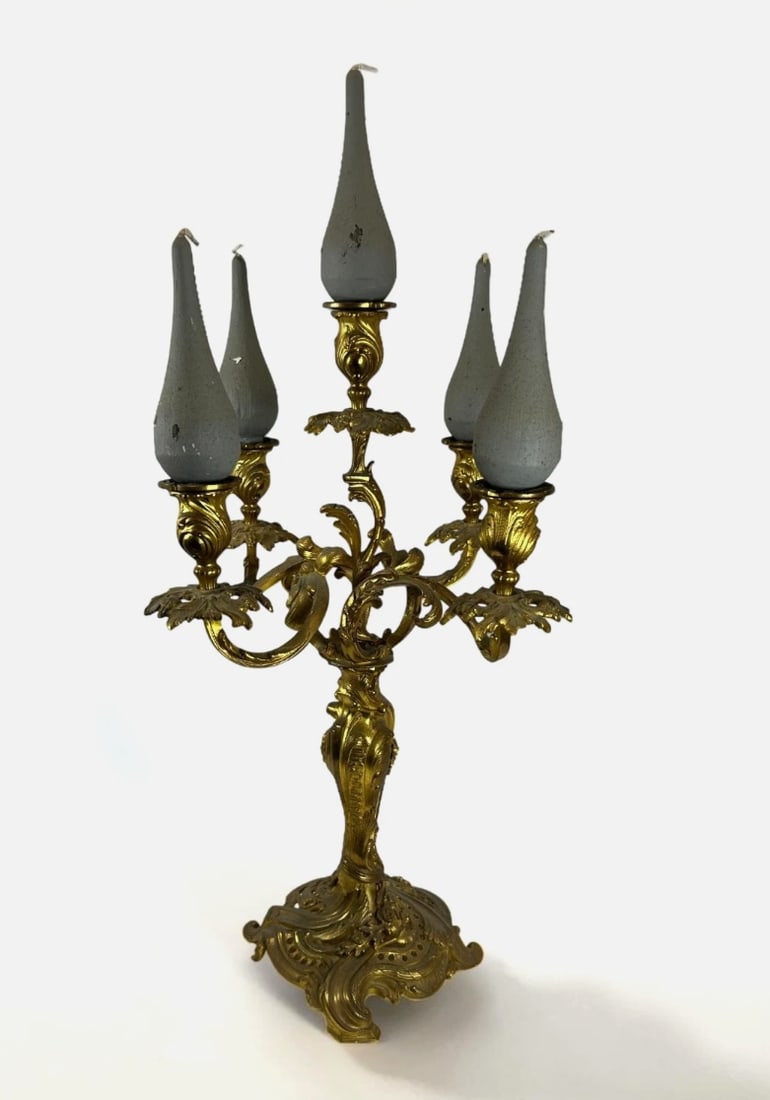 Antique 19th Century French Louis XV Rococo Gilt Bronze Ormolu 5-Arm Candelabrum: This exceptional Antique 19th Century French Louis XV Rococo Gilt Bronze (Ormolu) 5-Arm Candelabrum is a magnificent example of classical French decorative artistry and masterful bronze casting. Richl
