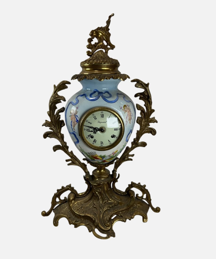 1920c French Rococo Porcelain Mantel Clock Gilt Bronze Style Imperial 23" H: Enhance your collection or interior with this stunning Rococo Revival porcelain mantel clock, a beautifully crafted decorative timepiece combining elegant porcelain artistry with richly detailed gilt 