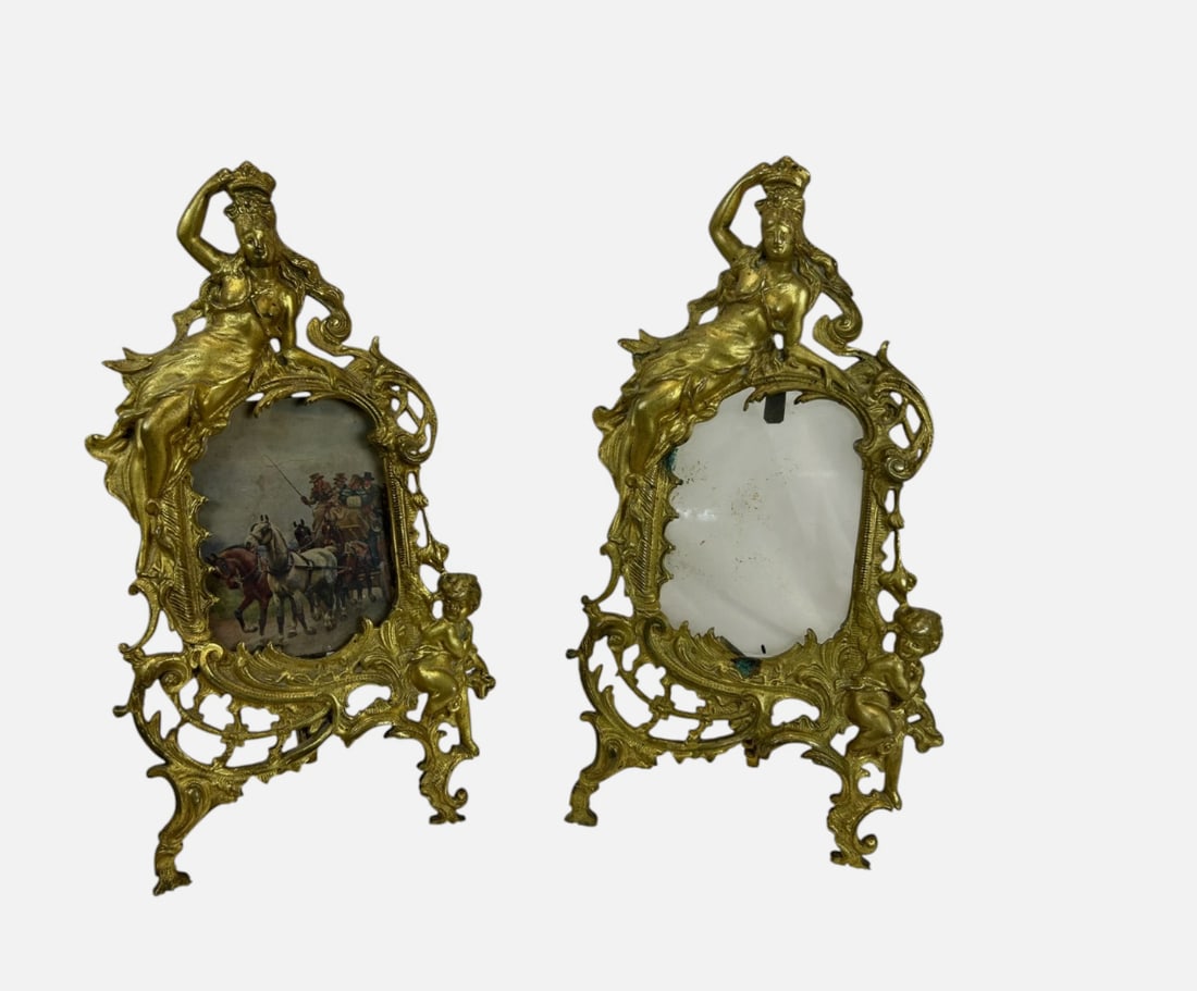 19th C. Pair Antique Art Nouveau Gilt Bronze Picture Frames Cherub Easel Frames (1 of 11)
