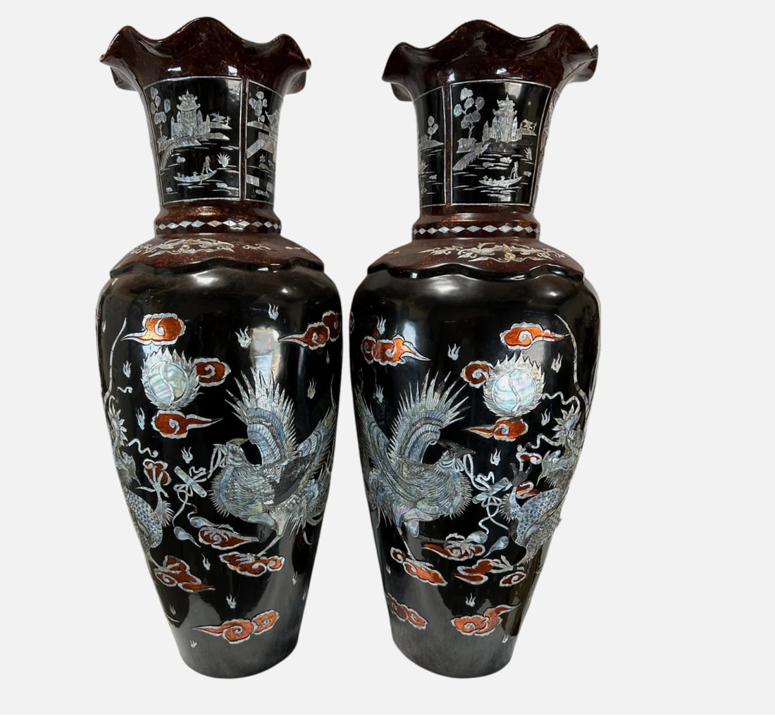 Pair Vietnamese Lacquer Mother of Pearl Dragon Phoenix Floor Vases 37" (1 of 10)