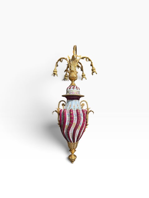 Antique Porcelain French Louis XV Style Gilt Bronze Wall Sconce Light Hand Painted Floral 41": Impressive antique-style European porcelain and gilt-metal wall sconce light, standing over 41 inches tall and featuring elaborate hand-painted floral decoration.The large sculptural porcelain body is