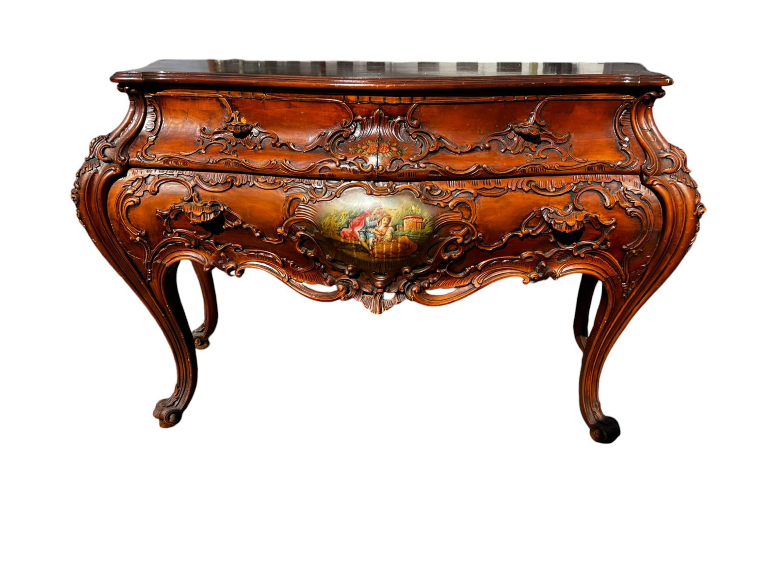 RARE 18th Century Antique Italian Rococo Baroque Walnut 3-Drawer Bombe Commode Dresser: This rare 18th Century Italian Rococo Baroque walnut 3-drawer bombe commode dresser showcases exquisite craftsmanship and timeless elegance. Crafted from rich walnut, this piece features ornate Baroqu